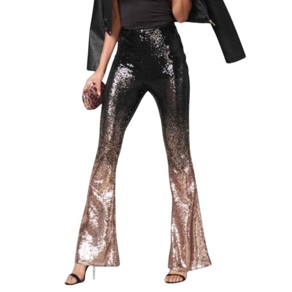 VENUS Black & Gold Ombre Sequin Holiday Glam Flare Pants Size 4